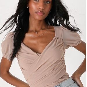 Lulu's Sheer Confidence Beige Mesh Puff Sleeve Top (M)